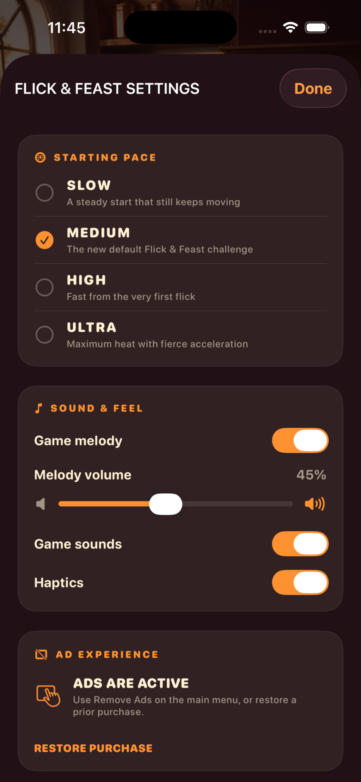 Flick and Feast settings