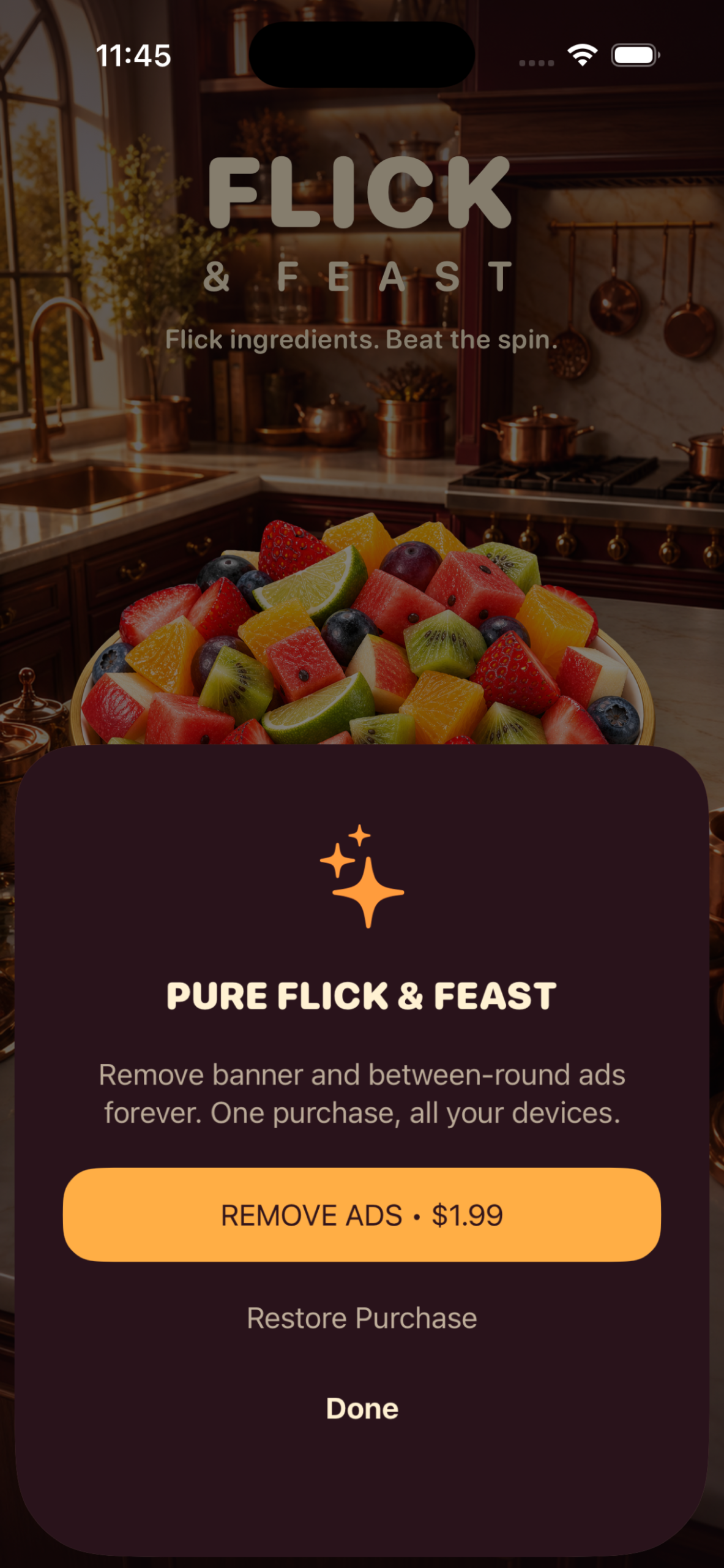 Flick and Feast remove ads screen